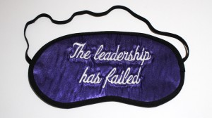 Bill Balaskas - The leadership has failed,2015. Embroidery on sleeping masks, 10 x 18 cm. 